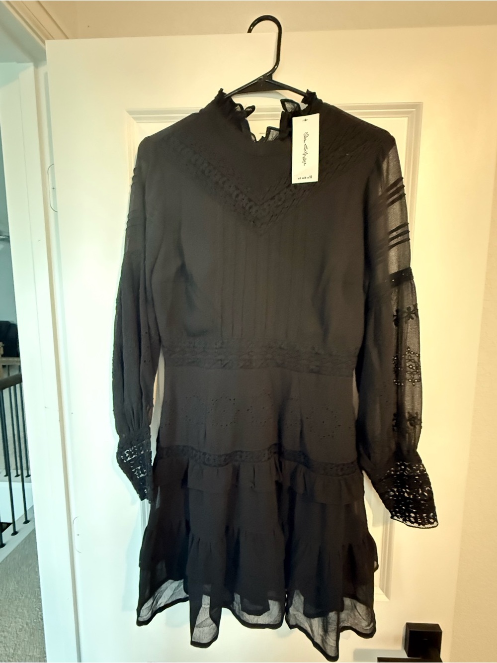 Miss Selfridge Black Long Sleeve Lace Trim Tiered Dress